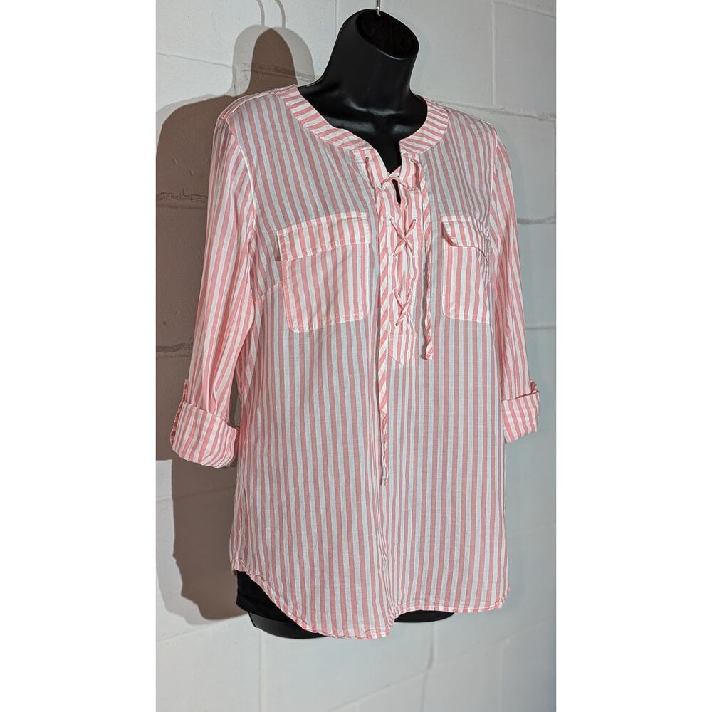 Talbots Striped Blouse Pink White Lace-Up Neck Button Tab Long Sleeve Top Medium - Picture 2 of 5